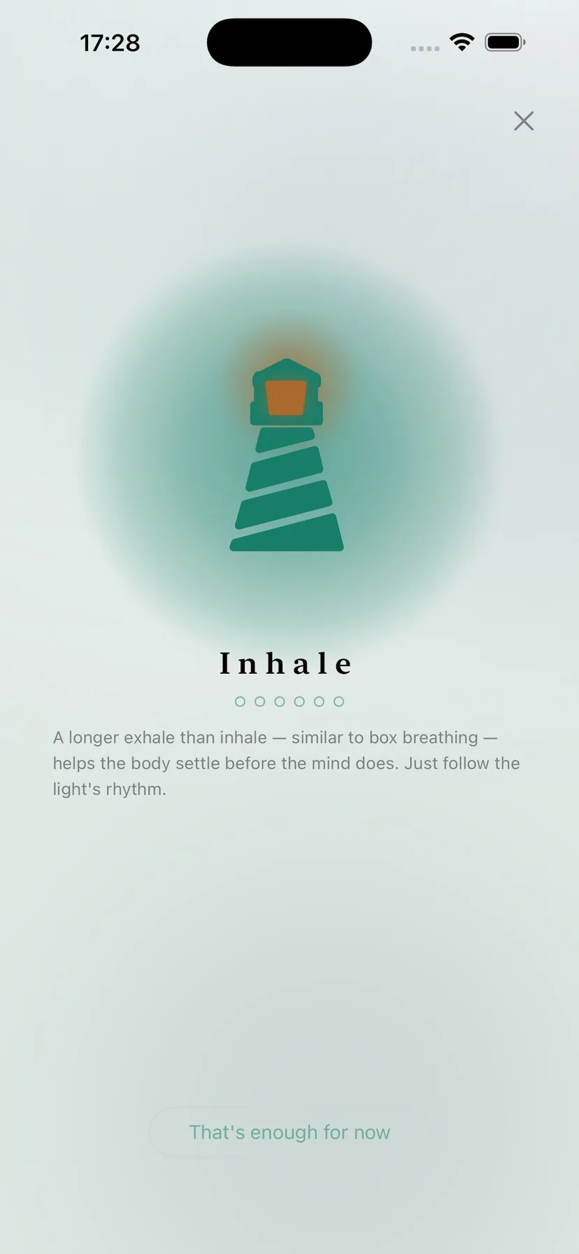 Lightvessel breathing screen showing the lighthouse, Inhale prompt, six round markers, and an end button